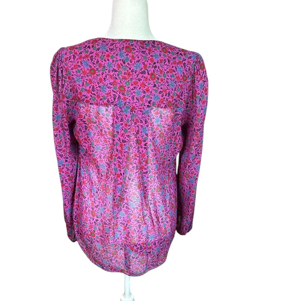 Veronica Beard Fuchsia Pink Floral Pleated Long Sleeve Silk Blouse - Picture 4 of 6